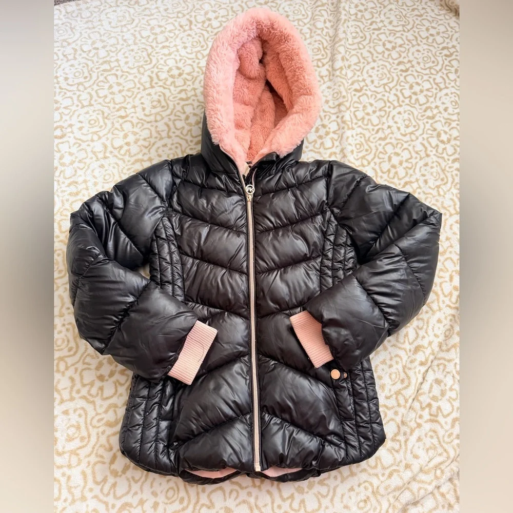 MICHAEL Michael Kors Black Puffer Jacket with Pink Hood Lining